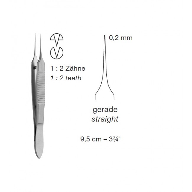 Micro Jewelers Forceps,Straight, 1 X 2 Teeth, 9.5 cm, Point 0.2 mm