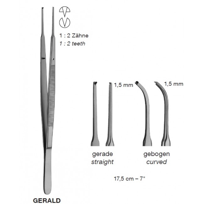 GERALD Delicate Tissue Forceps,1.5 mm, 1X2 Teeth, 17.5 cm
