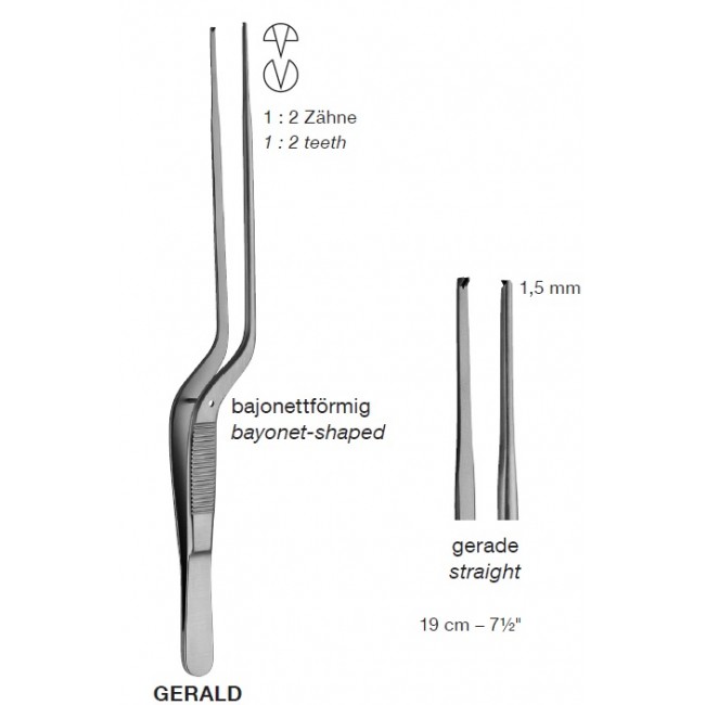 GERALD Bayonet-Shaped,Delicate Tissue Forceps,1.5 mm, 1X2 Teeth, 19 cm