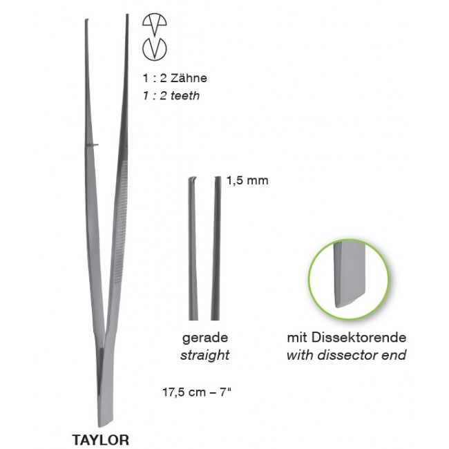 TAYLOR With Dissector End, Delicate Tissue Forceps,1.5 mm, 1X2 Teeth, 17.5 cm