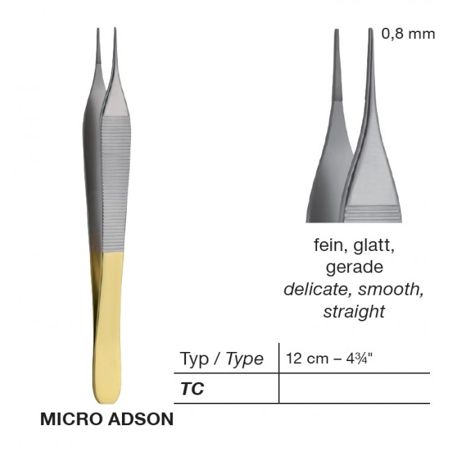 T/C Micro Adson Delicate Dissecting Forceps,Smooth, Point 0.8 mm, 12 cm