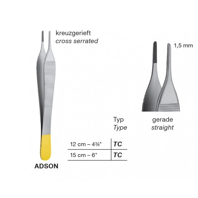 Adson T/C Delicate Dissecting Forceps,Straight,Cross Serrated, Point 1.5 mm