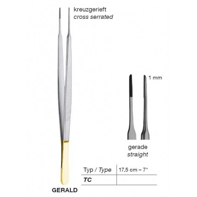 T/C Gerald Delicate Dissecting Forceps, 1 mm , 17.5 cm