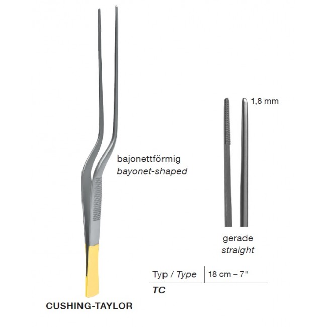 T/C Cushing-Taylor Bayonet-Shaped Delicate Dissecting Forceps, 1.8 mm , 18 cm