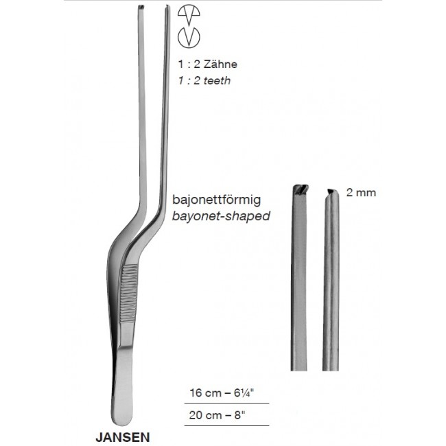 Jansen, Bayonet-Shaped, Ear Dressing Forceps, 2 mm, 1X2 Teeth