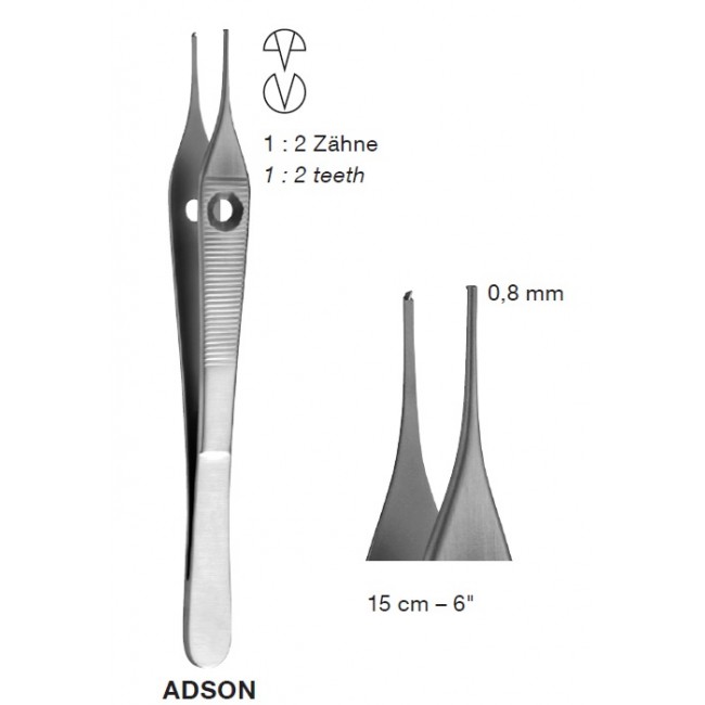 Adson Delicate Tissue Forceps ,0.8 mm, 1X2 Teeth, 15 cm