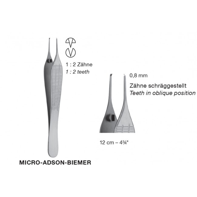 Micro-Adson-Biemer,Teeth in Oblique Position ,Delicate Tissue Forceps, 0.8mm, 1X2 Teeth, 12 cm