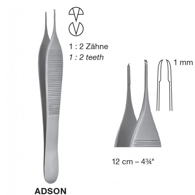 Adson Delicate Tissue Forceps, 1mm, 1X2 Teeth, 12 cm