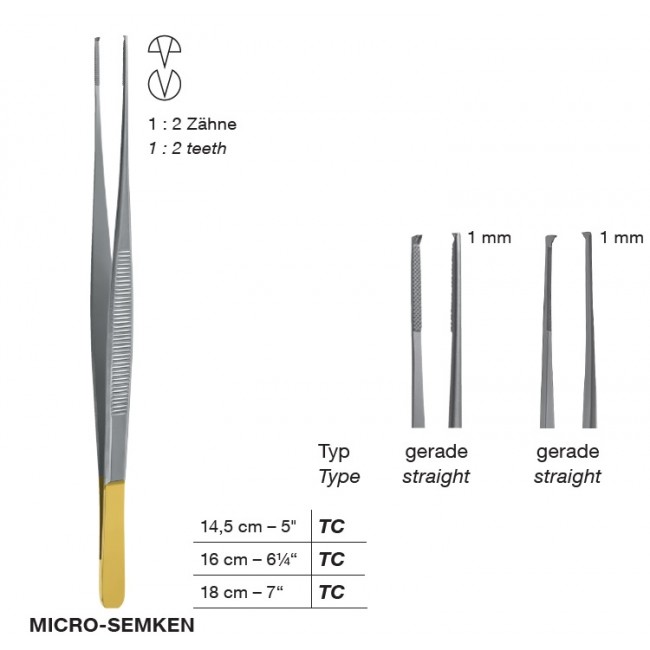 Micro-Semken  T/C Delicate Tissue Forceps,1 mm, 1X2 Teeth 