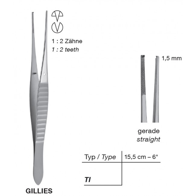 Gillies Delicate Tissue Forceps,1.5 mm, 1X2 Teeth, 15.5 cm 